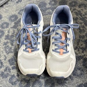On Running Women's White Sneakers with Blue Laces and Pink Tongue Accents